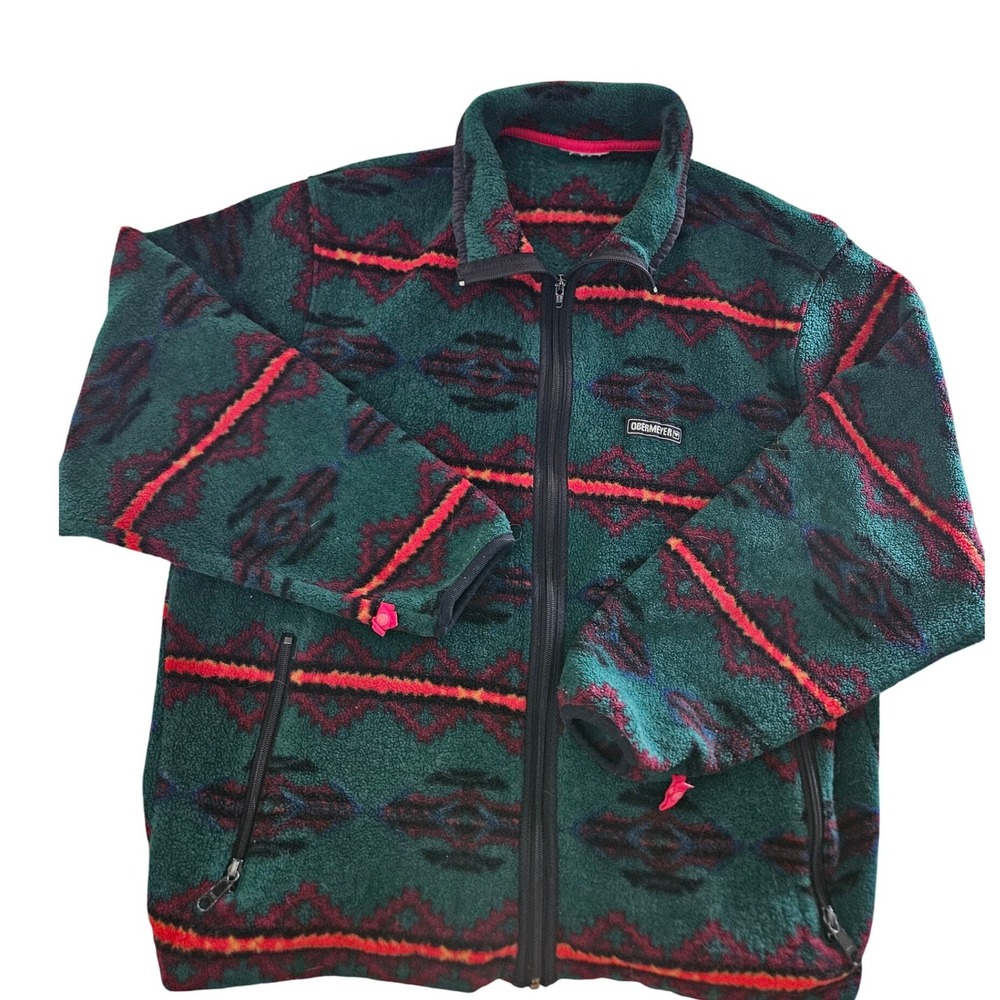 Obermeyer Fleece Jacket Mens L Teal Geometric Southwestern Full Zip Aztec Print